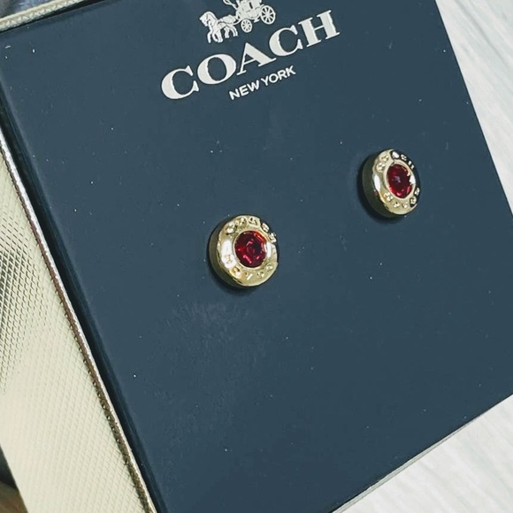 Coach Open Circle Red Stone Strand Earrings Boxed; Size:ONE SIZE; Color:Red/Gold - Picture 10 of 11